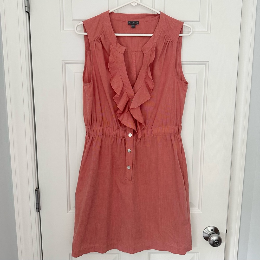 Lilla P Red Sleeveless Dress Ruffle Collar Button V Neck Elastic Waist Shift Med